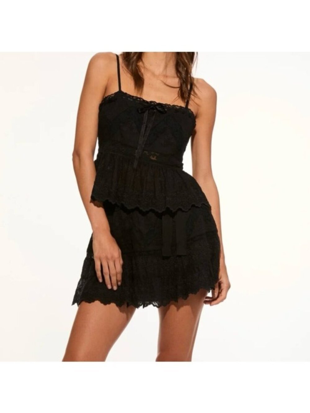 LoveShackFancy NWT Nerina Black Mini Skirt W/ Tiered Design & Ribbon Tie Size 2